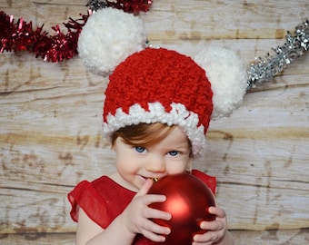 Christmas Santa hat all sizes newborn baby toddler girl womens red & white giant pom beanie Xmas photo prop for family card pictures parties