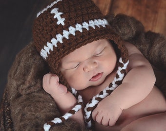 Baby football hat newborn boy and girl crochet hospital beanie knit winter earflap cap shower gift photo prop for photography brown & white