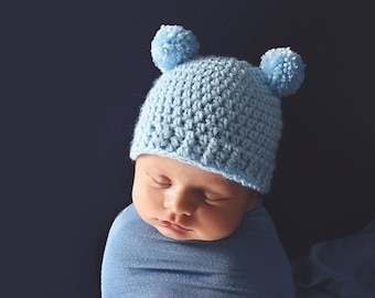 Baby boy hat 39 colors winter hospital beanie for coming home outfit shower gift photo prop mini bear pom newborn - adult sizes light blue