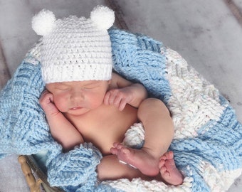 Newborn baby boy or girl hat 65 colors crochet hospital beanie for coming home outfit shower gift photo prop for photography bear pom white