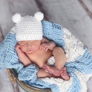 Newborn baby boy or girl hat 65 colors crochet hospital beanie for coming home outfit shower gift photo prop for photography bear pom white