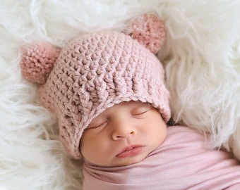 Rose pink baby girl hat 39 colors mini pom bear ear winter hospital beanie for fall coming home outfit newborn - womens sizes photo prop