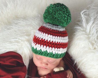Christmas baby hat giant pom striped winter hospital beanie Xmas coming home outfit holiday photo prop newborn photography red green white
