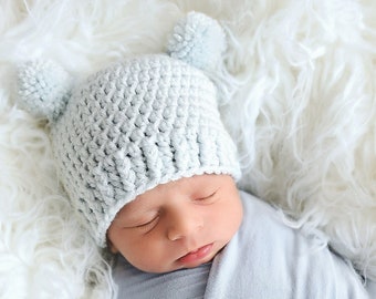 Pale blue baby boy hat 39 colors mini pom bear ear winter hospital hat for fall coming home outfit shower gift prop newborn - womens sizes