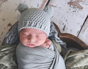 Pale gray baby hat 65 colors winter hospital beanie for coming home outfit newborn boy photo prop shower gift mini pom bear ear light grey