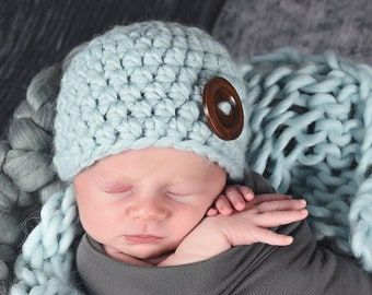 Blue baby boy hat READY TO SHIP wood button winter hospital beanie spring coming home outfit newborn photo prop shower gift 0 to 3 month 0-3