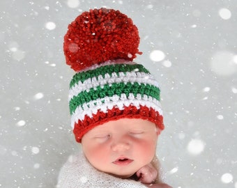 Christmas baby hat READY TO SHIP red green white striped pom holiday hospital beanie for coming home outfit newborn boy & girl photo prop