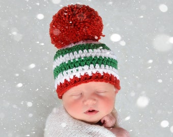 Christmas baby hat red green white giant pom hospital beanie for coming home outfit newborn girl & boy holiday photo prop cute shower gift