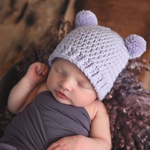 Lavender baby girl hat 65 colors mini pom bear ear winter hospital beanie for fall coming home outfit newborn - womens sizes light purple