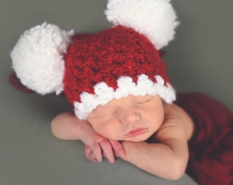 Newborn baby Christmas hat, girl & boy hospital Santa beanie, coming home outfit, giant pom pom, holiday photography photo prop, red white
