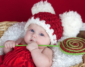 Christmas baby hat, giant pom pom Santa hat, hospital beanie for coming home outfit, newborn girl & boy, holiday photo prop, red and white