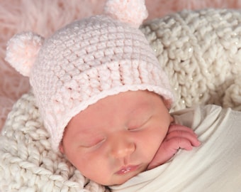 Newborn baby girl hat 39 colors mini pom bear ear hospital beanie for coming home outfit photo shoot prop shower gift light pale pink