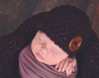 Baby girl hat READY TO SHIP wood button winter hospital beanie for coming home outfit photo props shower gift dark purple eggplant sparkle