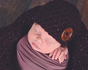 Baby girl hat 39 colors wood button hospital beanie for coming home outfit newborn photo props shower gift dark purple eggplant sparkle