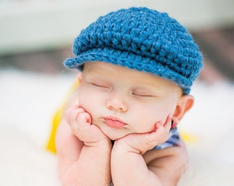 Blue baby boy hat, Irish wool driving newsboy cap, hospital golf cap for coming home outfit, newborn photography photo prop, shower gift