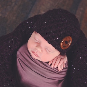 Baby girl hat 70 colors wood button hospital beanie for coming home outfit newborn photo props shower gift dark purple eggplant sparkle
