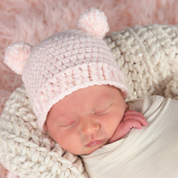 Newborn baby girl hat 39 colors mini pom bear ear hospital beanie for coming home outfit photo shoot prop shower gift light pale pink