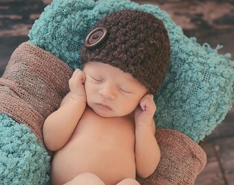 Newborn baby hat READY TO SHIP dark brown wood button winter hospital beanie coming home outfit boy & girl unisex gender neutral photo prop