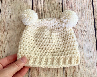 Newborn baby hat 65 colors winter hospital beanie for boy or girl fall coming home outfit shower gift gender neutral bear pom ivory cream
