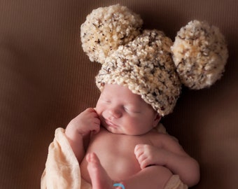 18 colors baby hat giant pom pom hospital beanie for coming home outfit Mickey Mouse newborn boy photo prop unique shower gift light brown