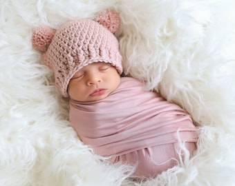 Baby girl hat 65 colors mini pom bear hospital beanie for coming home outifit shower gift newborn photography photo prop dusty rose pink