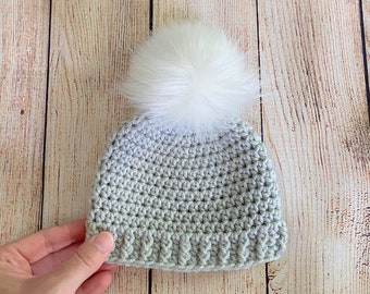 Pale gray baby hat 39 colors fluffy white faux fur pom winter beanie hospital outfit photo prop shower gift newborn girl boy - womens sizes