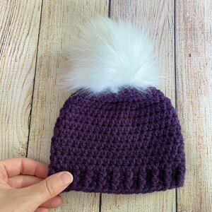Dark purple baby girl hat 65 colors fluffy white faux fur pom winter hospital beanie going home outfit shower gift newborn - womens sizes