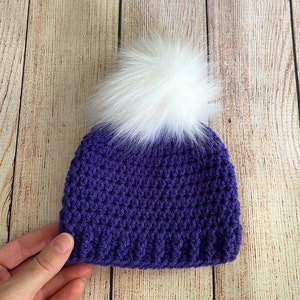 Purple baby girl hat READY TO SHIP white faux fur pom crochet winter hospital beanie fall coming home outfit newborn photo prop shower gift