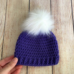 Purple baby girl hat 65 colors fluffy white faux fur pom crochet winter hospital beanie for fall outfit shower gift newborn - womens sizes