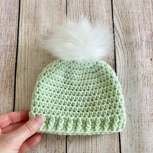 READY TO SHIP pale green newborn baby hat fluffy white faux fur pom hospital beanie for spring outfit Easter gift girl & boy shower gift