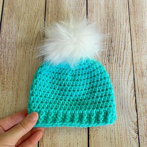 Baby girl hat 65 colors fluffy white faux fur pom crochet winter hospital beanie fall outfit shower gift newborn - womens sizes aqua blue
