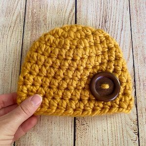 Fall baby hat READY TO SHIP brown wood button winter hospital beanie coming home outfit newborn boy girl photo props golden yellow mustard