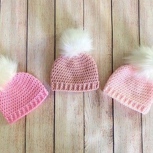 Pale pink baby girl hat 39 colors fluffy white faux fur pom hospital beanie for winter outfit photo prop shower gift newborn womens sizes image 6