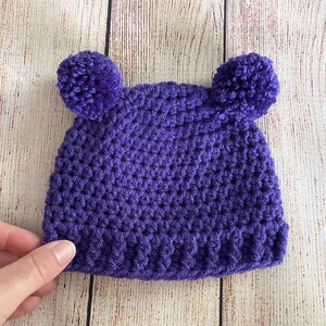 Purple baby girl hat READY TO SHIP mini pom bear ear winter hospital beanie for fall going home outfit newborn photo prop cute shower gift