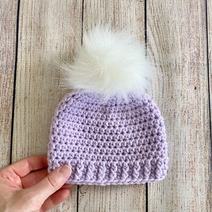Lavender baby girl hat 65 colors fluffy white faux fur pom hospital beanie for spring outfit shower gift newborn - womens sizes light purple