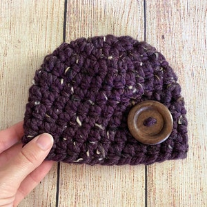 Newborn baby girl hat READY TO SHIP brown wood button winter hospital beanie for coming home outfit photo props shower gift purple marble