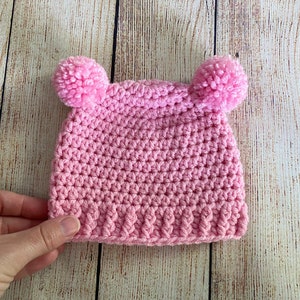 Pink baby girl hat READY TO SHIP mini pom bear ear winter hospital beanie for going home outfit newborn photo prop shower gift 0-3 momth