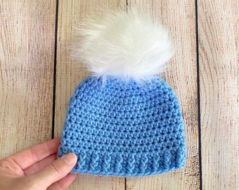 READY TO SHIP blue newborn baby boy hat fluffy white faux fur pom pom crochet winter beanie for hospital outfit cute photo prop shower gift