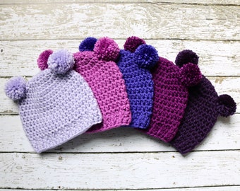 Baby girl hat 39 colors mini pom bear ear beanie for hospital outfit photo prop shower gift newborn - womens sizes dark purple pale lavender