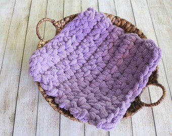 Purple newborn bump blanket READY TO SHIP 17x17" baby girl photo prop crochet mat chunky knit layer bucket filler bowl stuffer light lilac
