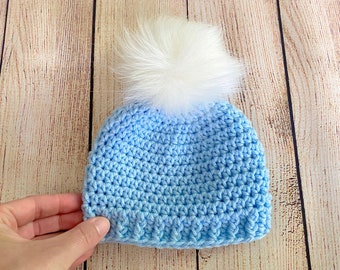 READY TO SHIP blue baby boy hat fluffy white faux fur pom pom crochet winter beanie for newborn hospital outfit cute photo prop shower gift
