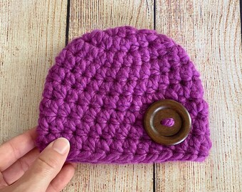 Newborn baby girl hat READY TO SHIP brown wood button winter hospital beanie for coming home outfit photo props shower gift purple orchid