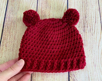 Dark red baby hat READY TO SHIP mini pom bear hospital beanie winter coming home outfit newborn boy girl Christmas photo prop shower gift