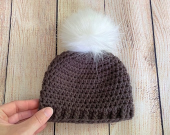 Dark gray baby hat 65 colors fluffy white faux fur pom hospital beanie for winter outfit gift newborn girl boy - womens sizes charcoal grey