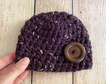 Newborn baby girl hat READY TO SHIP brown wood button winter hospital beanie for coming home outfit photo props shower gift purple marble