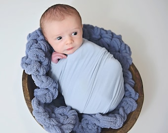 Blue newborn bump blanket READY TO SHIP 17x17" baby boy photography photo prop crochet mat chunky knit layer bucket filler bowl stuffer