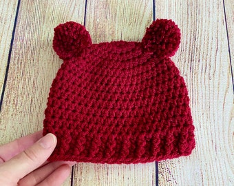 Dark red baby hat 39 colors winter hospital beanie for boy or girl Christmas coming home outfit Valentine shower gift photo prop bear pom