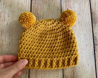 Golden yellow baby hat 65 colors mini pom bear hospital beanie for boy girl fall coming home outfit newborn photo prop shower gift mustard