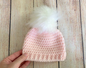 Pale pink baby girl hat 39 colors fluffy white faux fur pom hospital beanie for winter outfit photo prop shower gift newborn - womens sizes