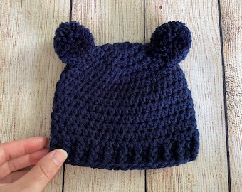 Baby boy hat 39 colors mini pom bear ear hospital beanie for fall coming home outfit newborn photo prop autumn shower gift dark navy blue